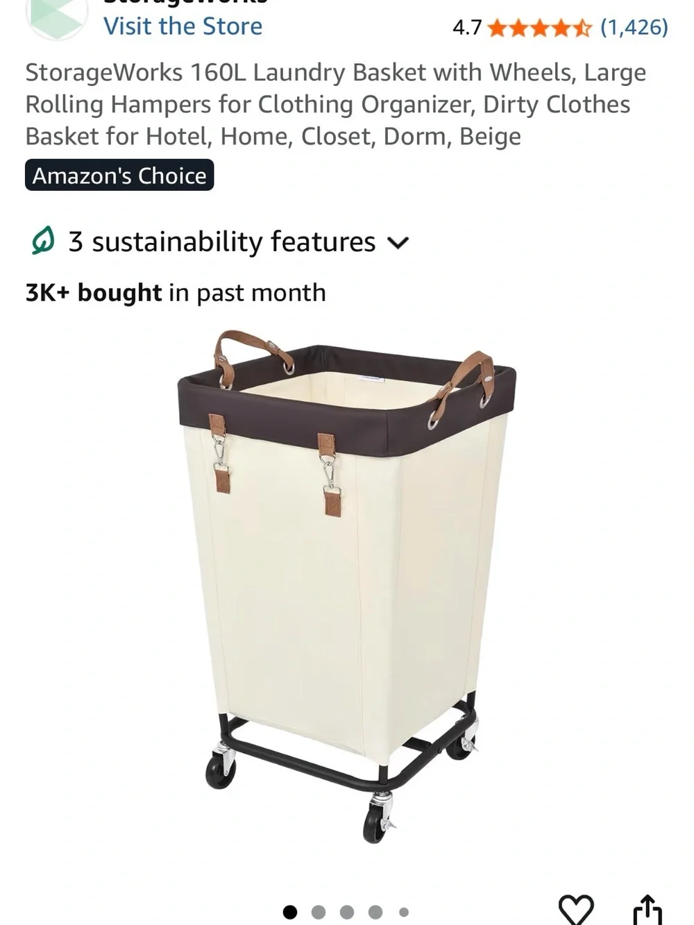 Cream Laundry Hamper with Brown Trim and Rolling Base